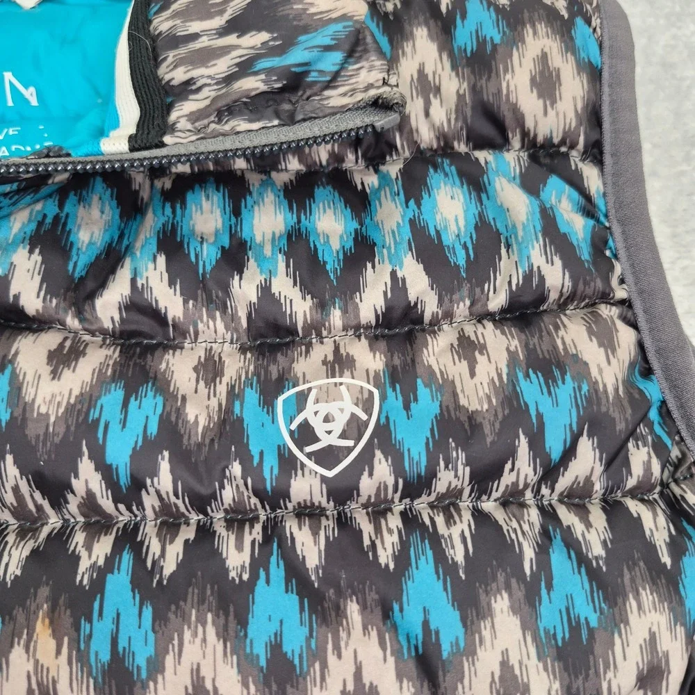 Ariat Ideal Down Puffer Vest Womens XL Blue Grey Ikat Geometric Packable Pockets